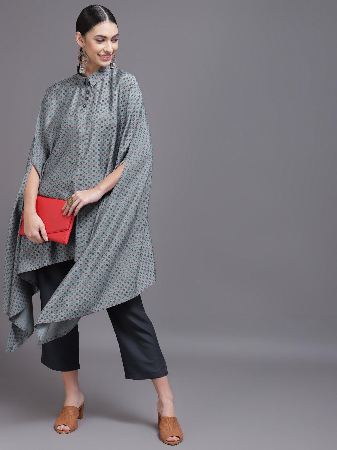 Grey Printed Silk Blend Kurta Set - ShopLibas 