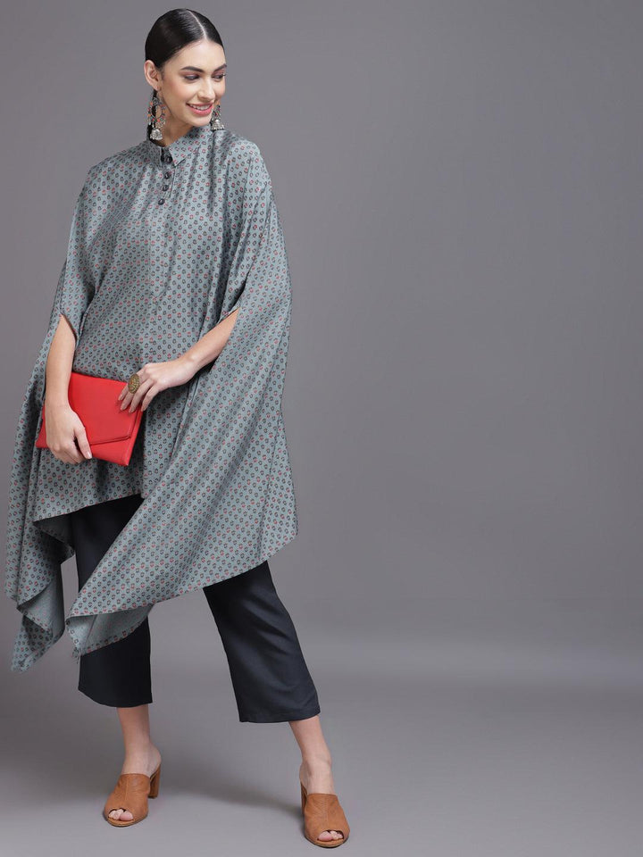 Grey Printed Silk Blend Kurta Set