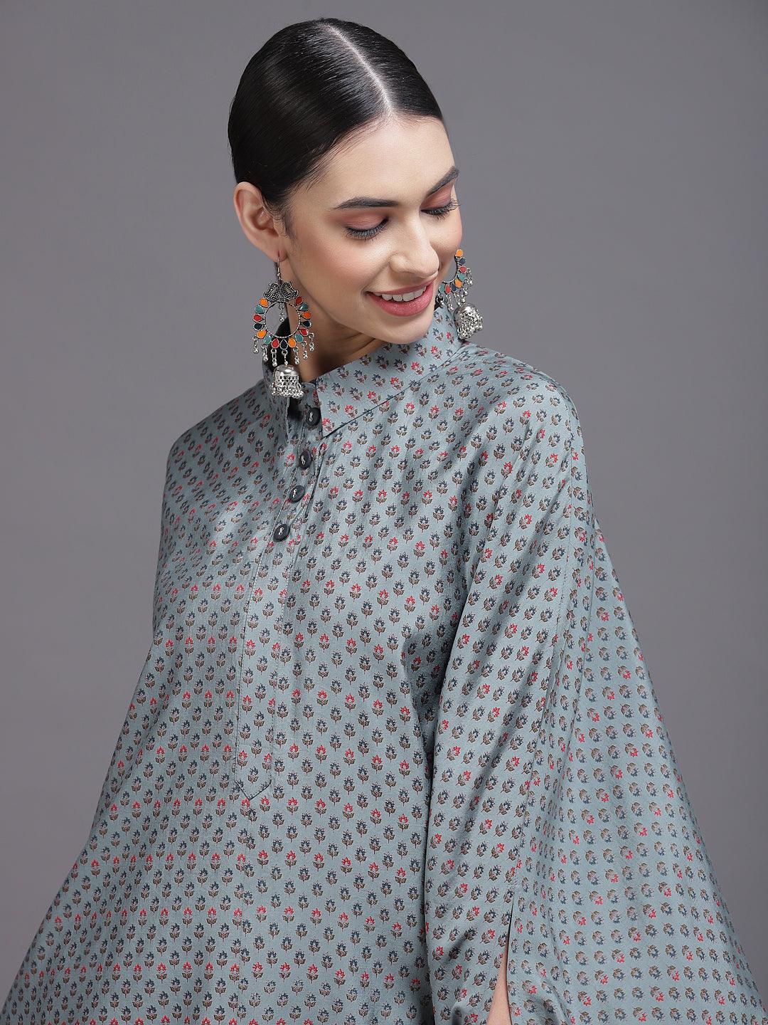 Grey Printed Silk Blend Kurta Set - ShopLibas 