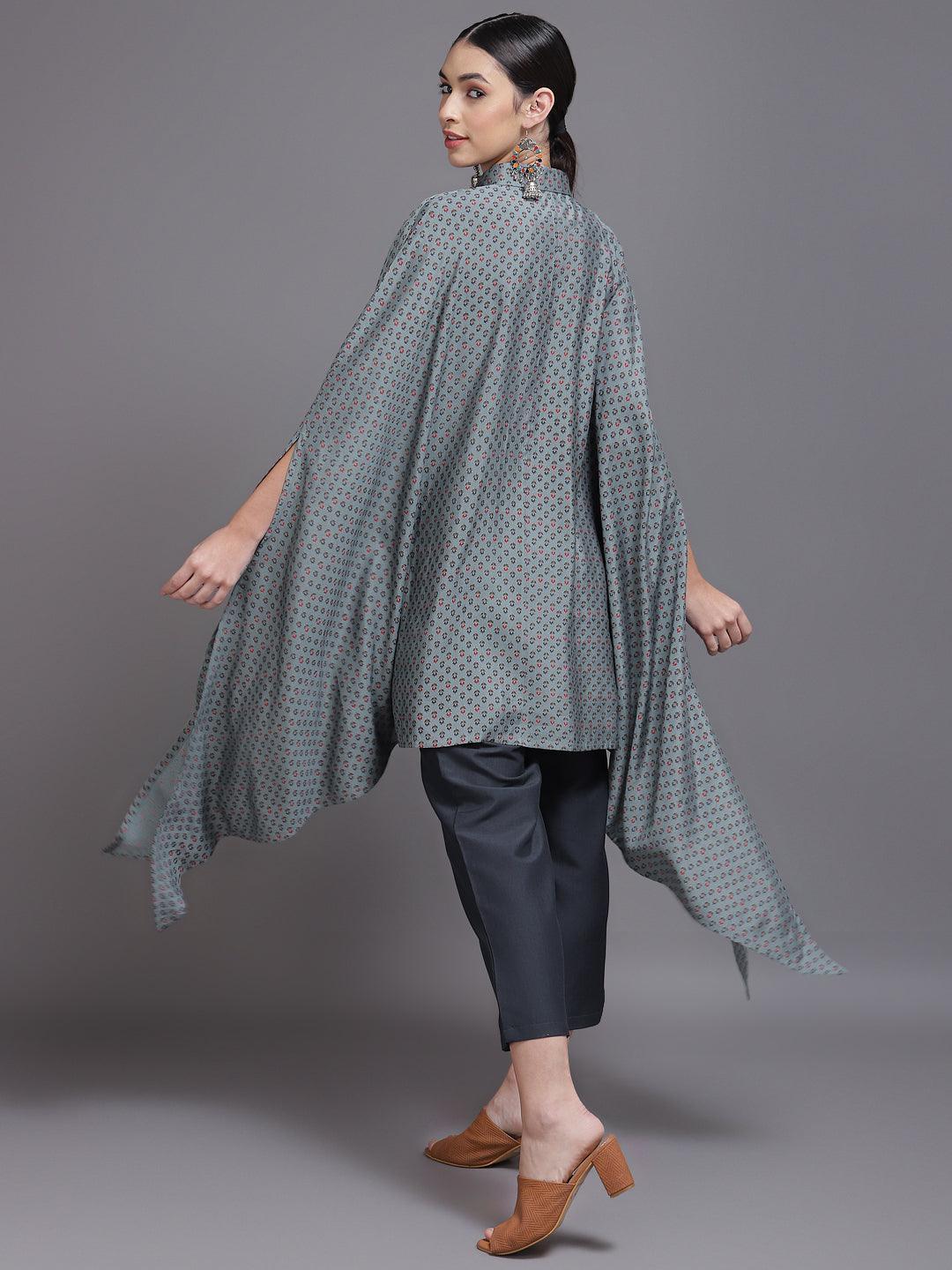 Grey Printed Silk Blend Kurta Set - ShopLibas 