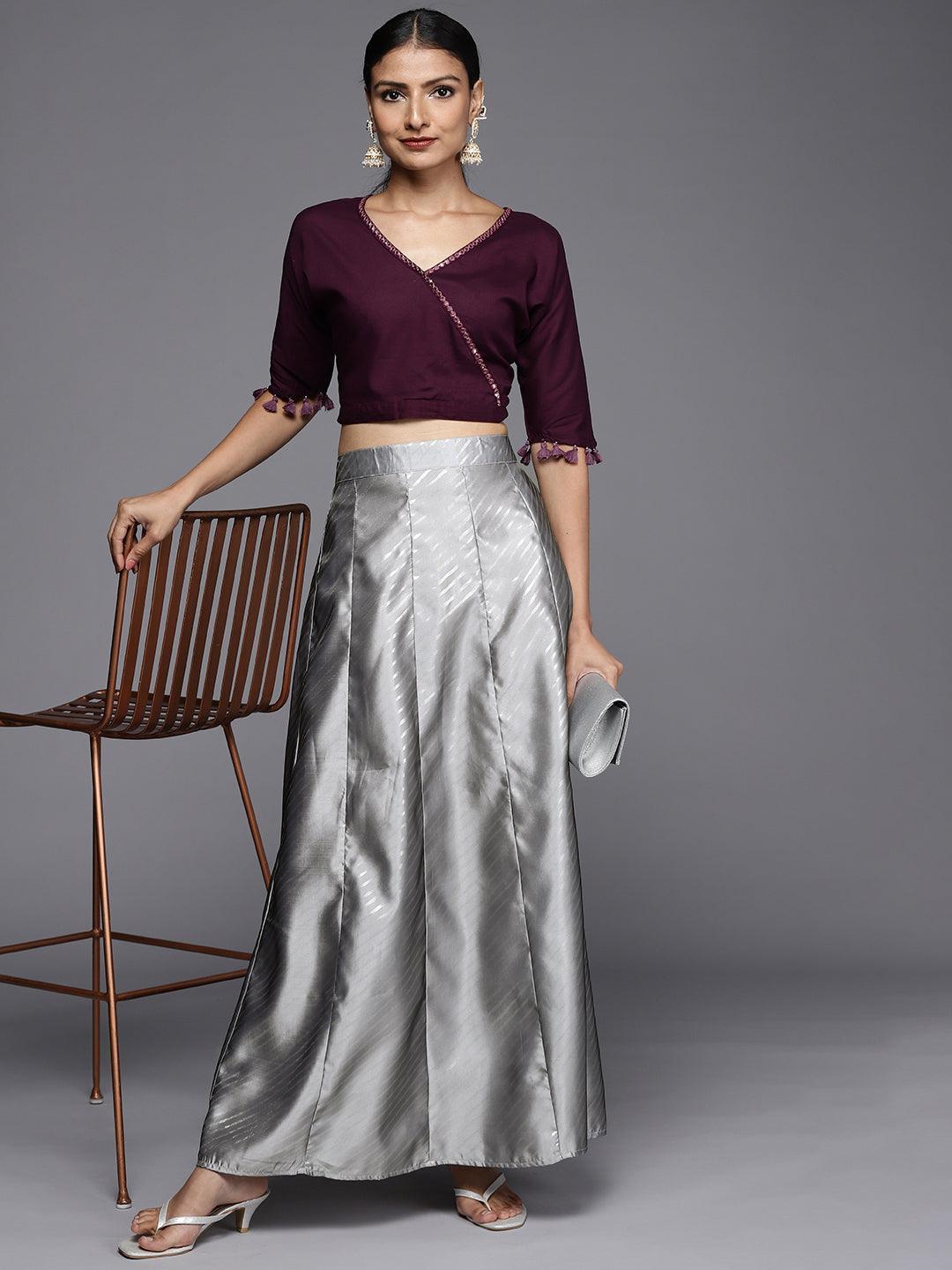 Grey Printed Silk Blend Skirt - ShopLibas