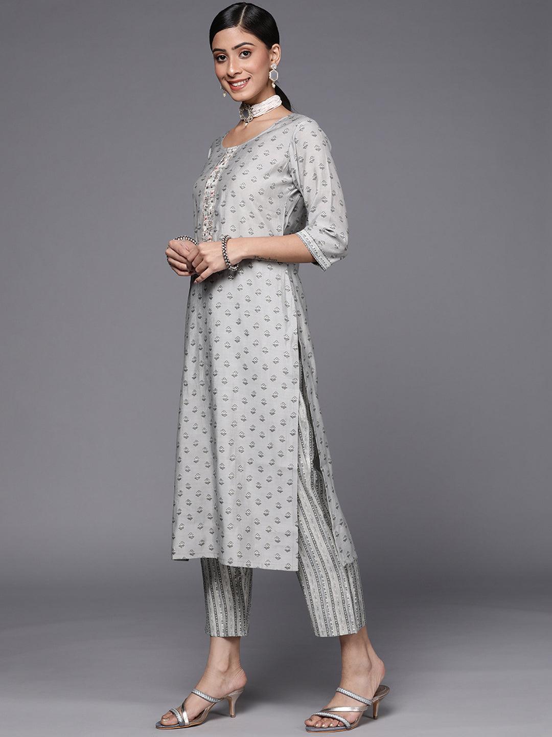 Grey Printed Silk Blend Straight Suit Set - ShopLibas