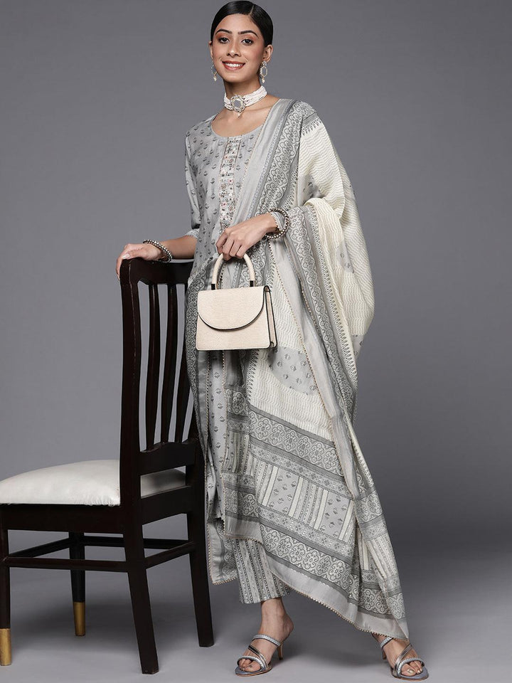 Grey Printed Silk Blend Straight Suit Set - ShopLibas