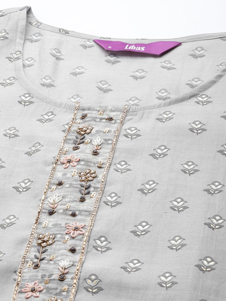 Grey Printed Silk Blend Straight Suit Set - ShopLibas