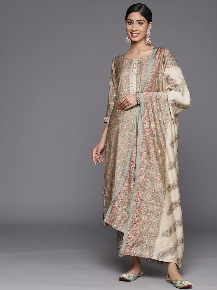 Grey Printed Silk Blend Straight Suit Set With Trousers