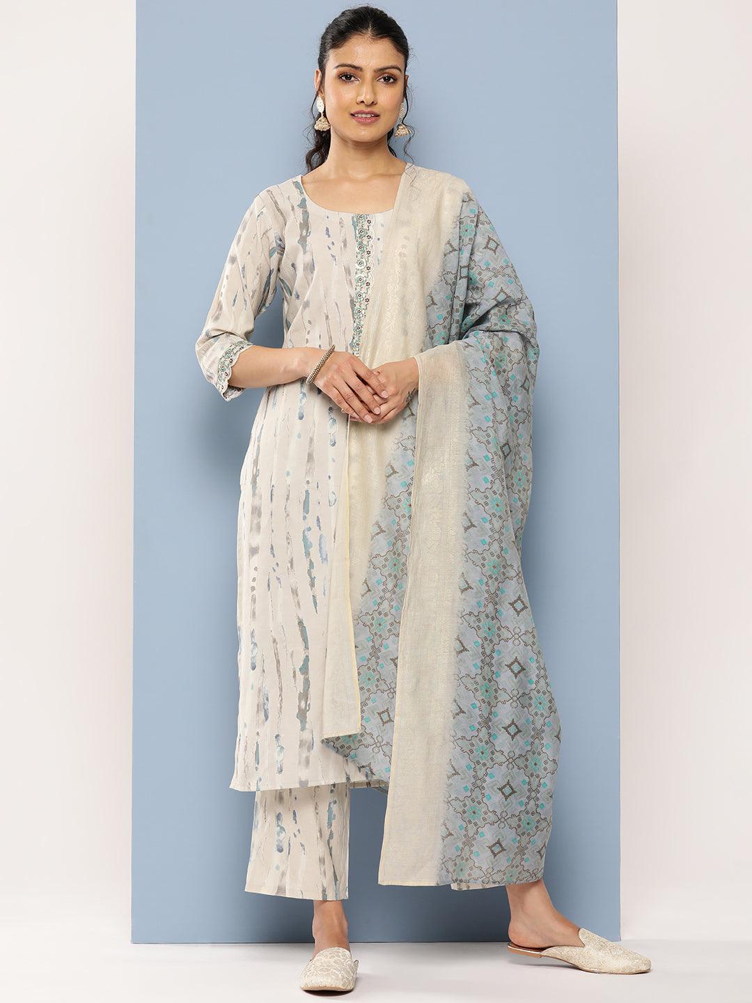 Grey Printed Silk Blend Straight Suit Set With Trousers - Libas