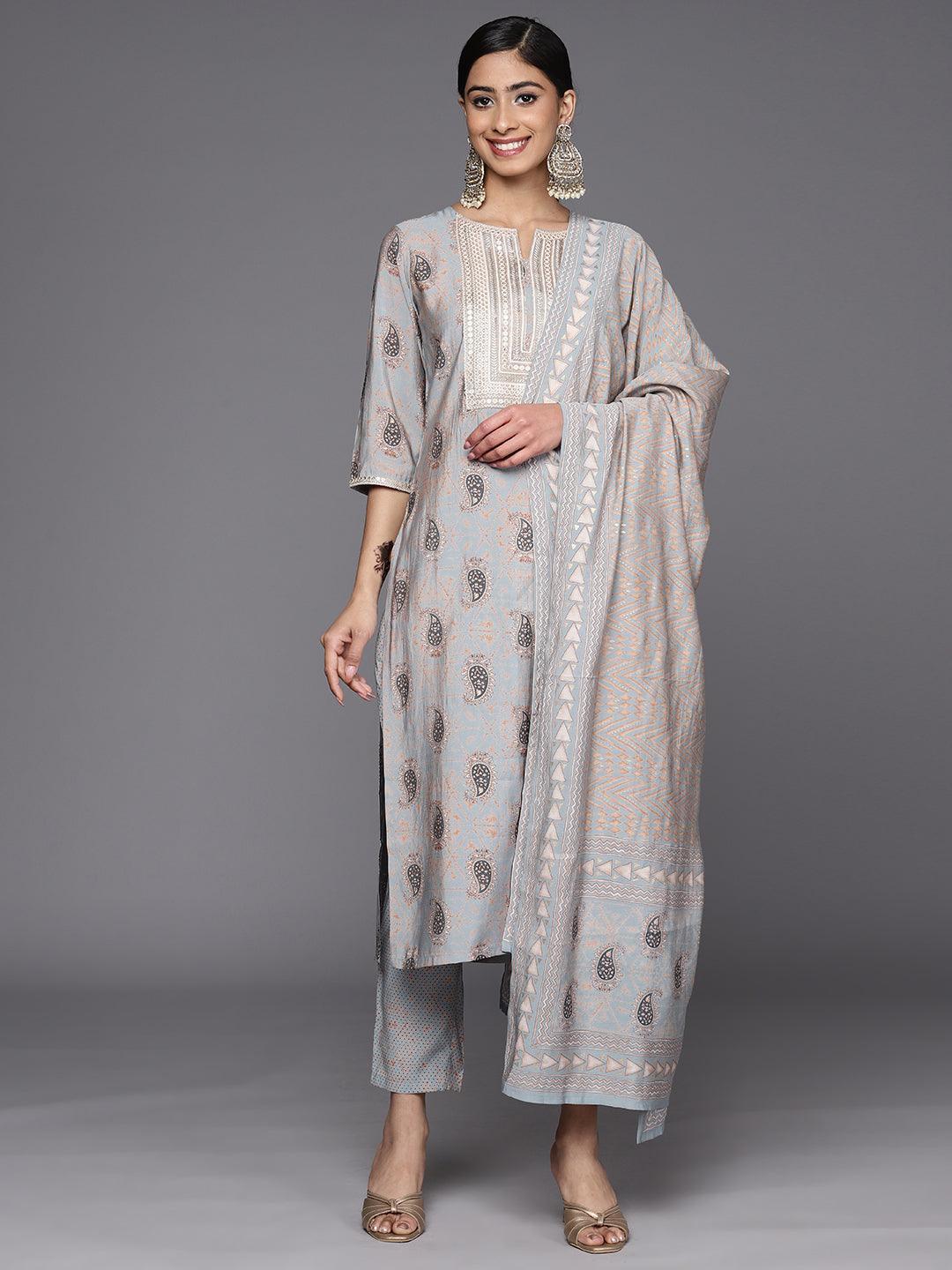 Grey Printed Silk Blend Straight Suit Set With Trousers - Libas 