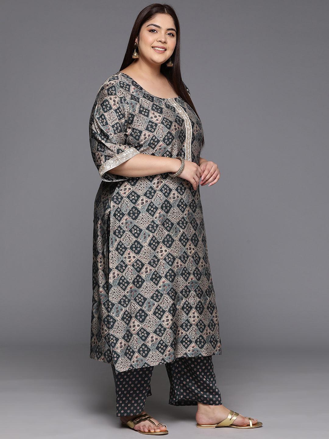 Grey Printed Silk Blend Straight Kurta With Trousers & Dupatta - ShopLibas 