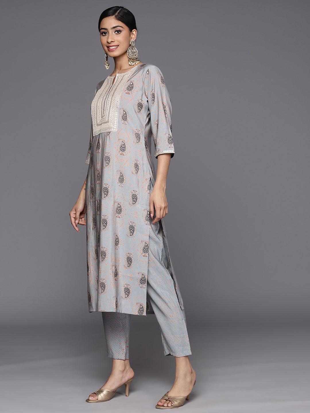 Grey Printed Silk Blend Straight Suit Set With Trousers - Libas 