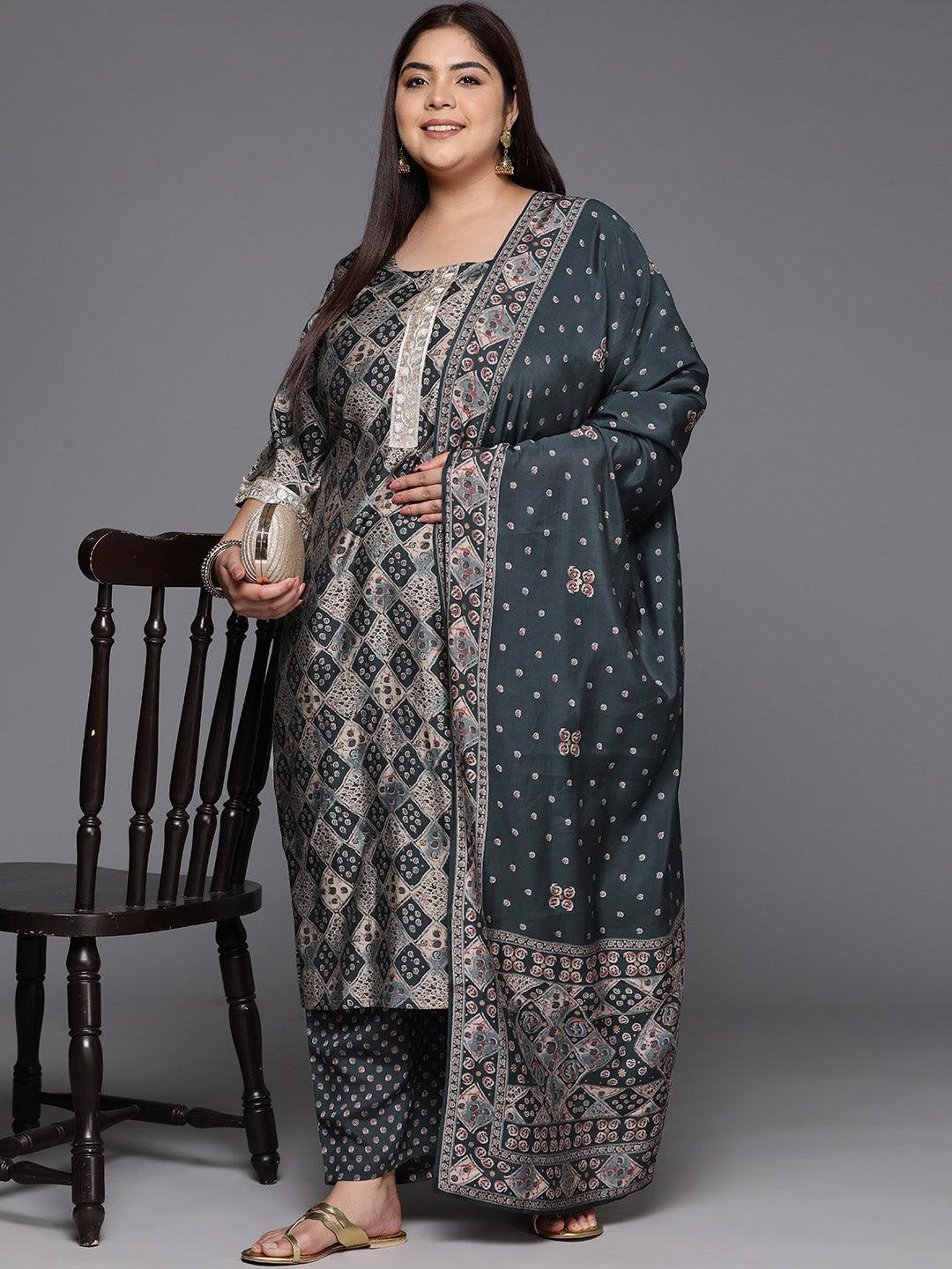 Grey Printed Silk Blend Straight Kurta With Trousers & Dupatta - ShopLibas 