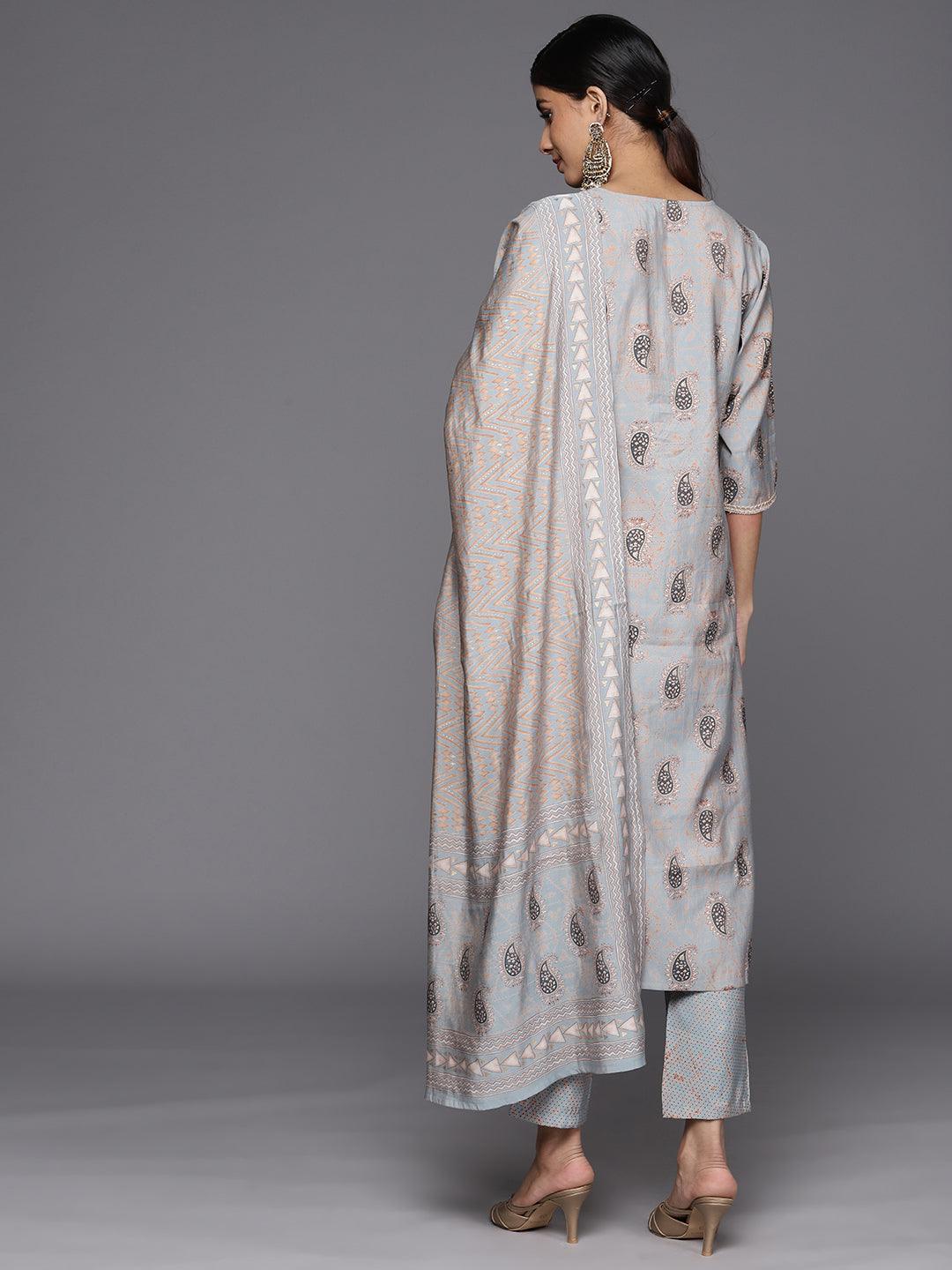 Grey Printed Silk Blend Straight Suit Set With Trousers - Libas 