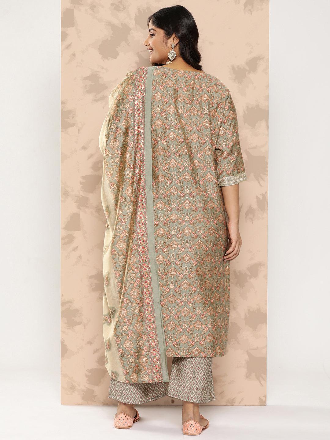 Grey Printed Silk Blend Straight Kurta With Trousers and Dupatta - Libas 