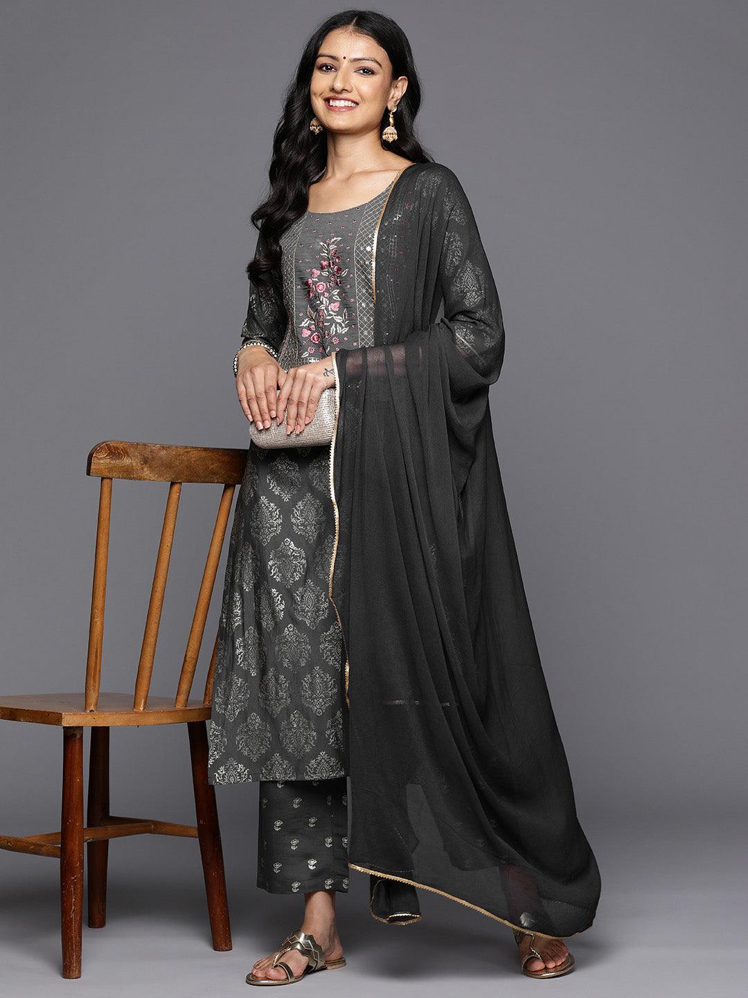 Grey Printed Silk Blend Straight Kurta With Trousers & Dupatta - Libas 