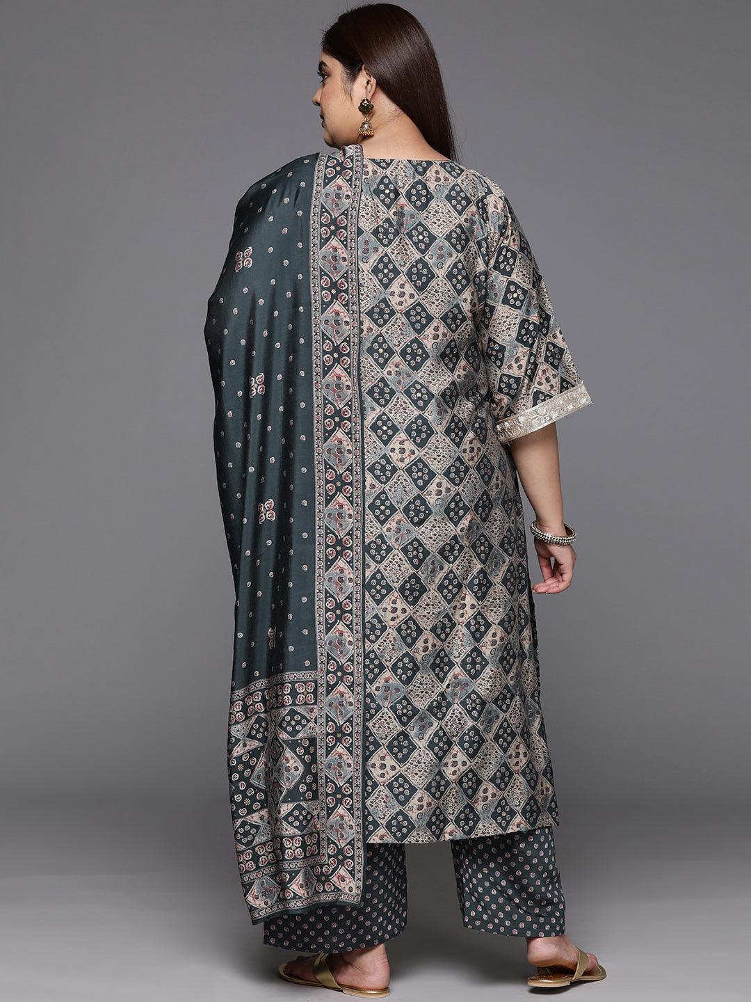 Grey Printed Silk Blend Straight Kurta With Trousers & Dupatta - ShopLibas 
