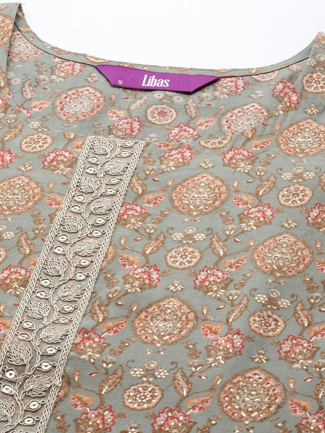 Grey Printed Silk Blend Straight Suit Set With Trousers - ShopLibas 