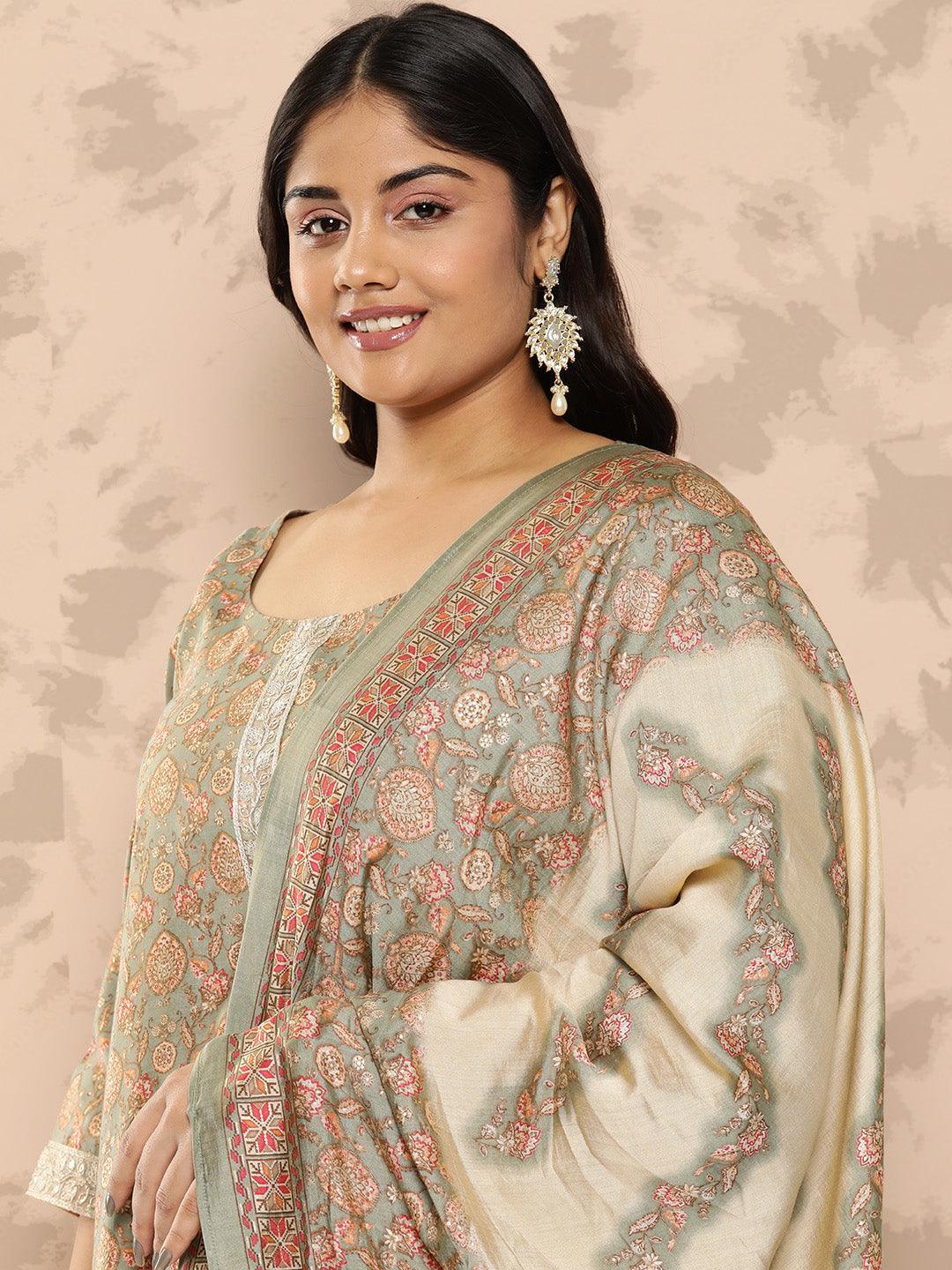 Grey Printed Silk Blend Straight Kurta With Trousers and Dupatta - Libas 