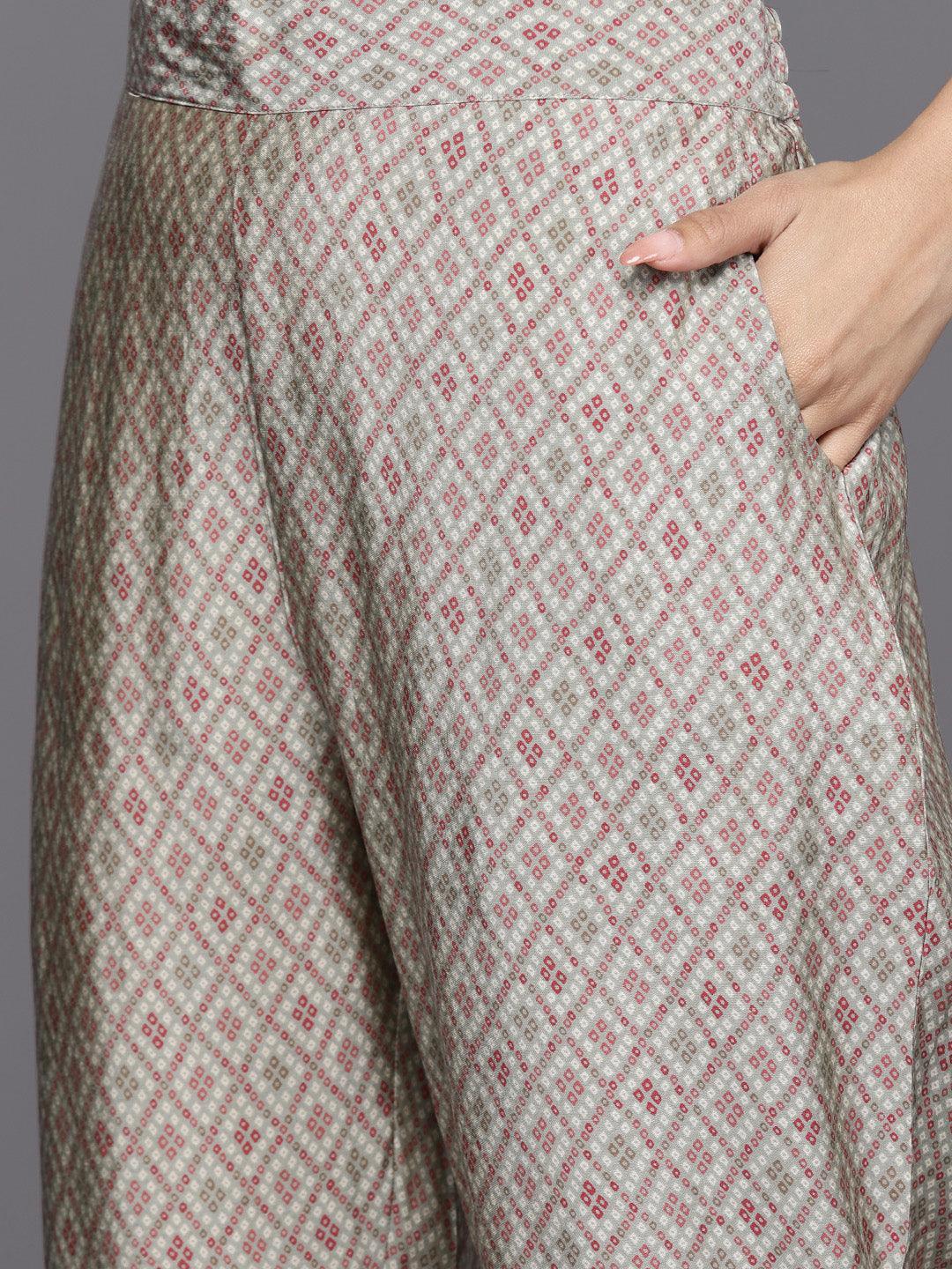 Grey Printed Silk Blend Straight Suit Set With Trousers - ShopLibas 