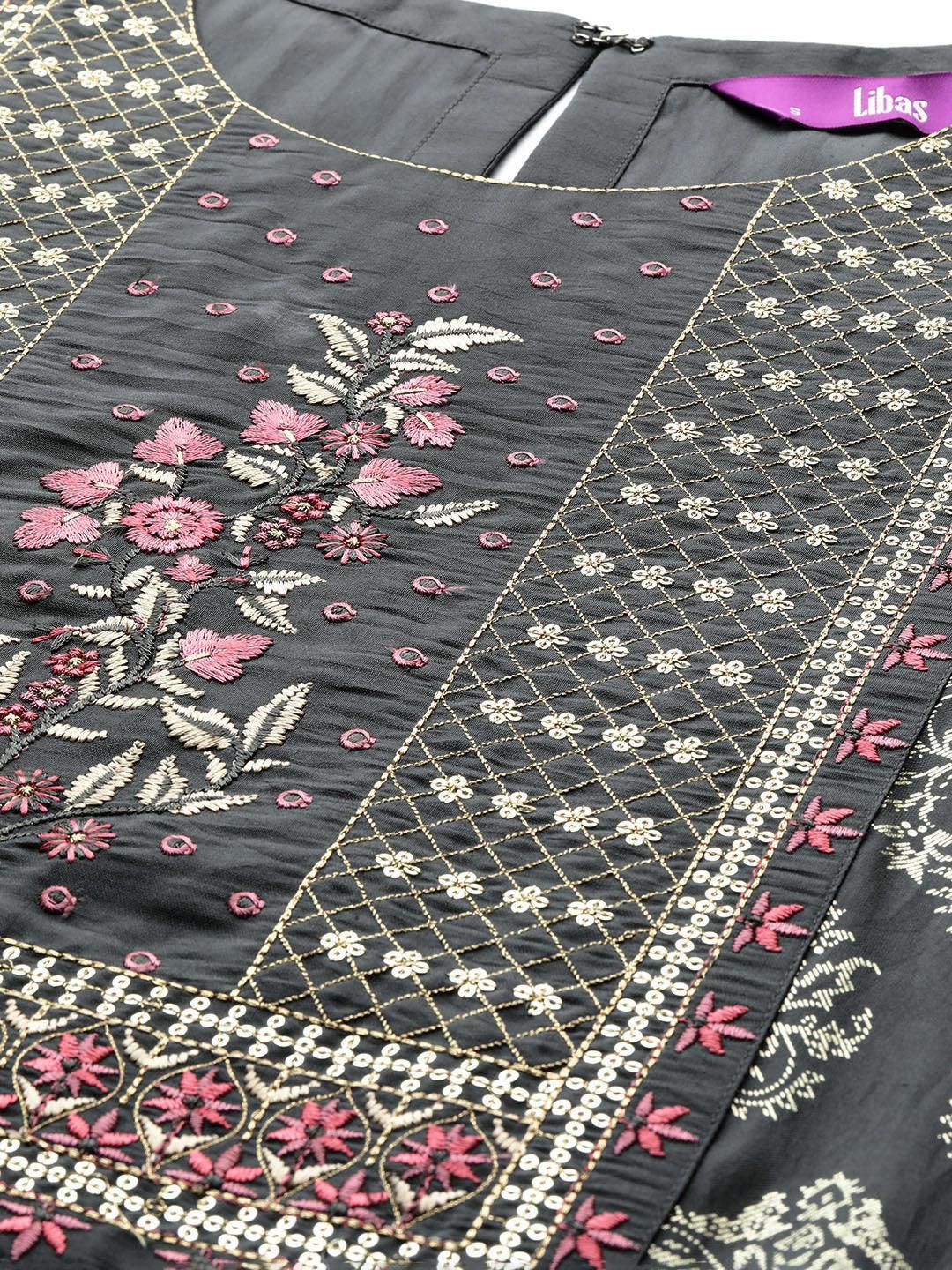 Grey Printed Silk Blend Straight Kurta With Trousers & Dupatta - Libas 