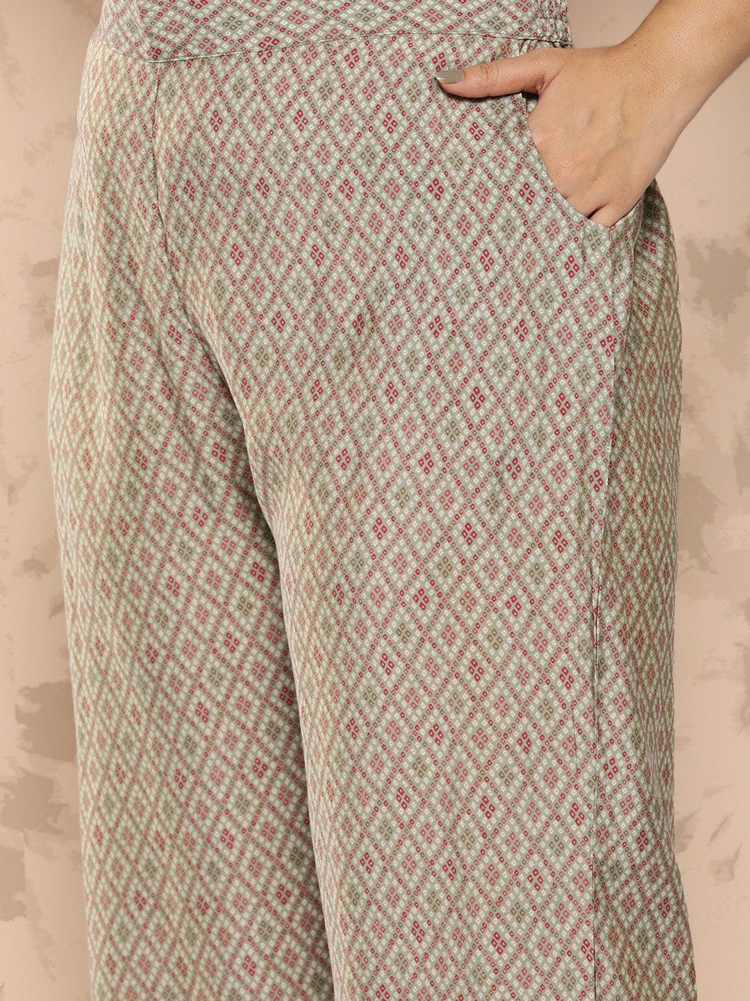 Grey Printed Silk Blend Straight Kurta With Trousers and Dupatta - Libas 
