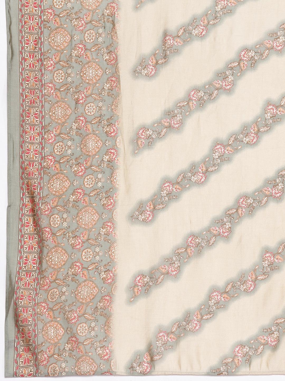Grey Printed Silk Blend Straight Suit Set With Trousers - ShopLibas 