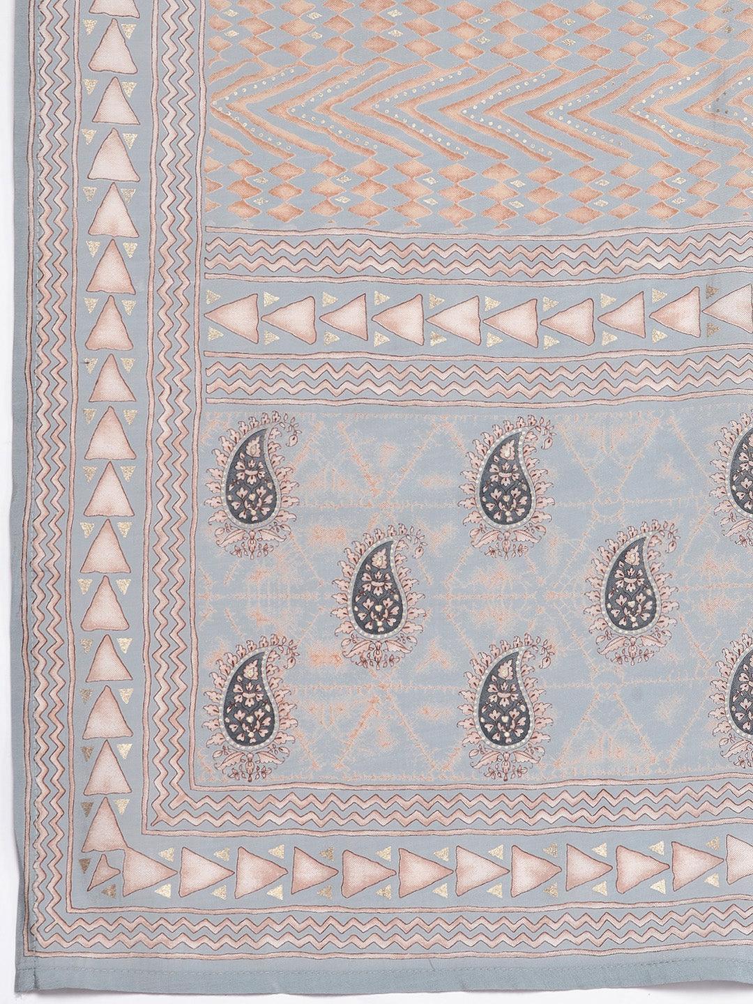 Grey Printed Silk Blend Straight Suit Set With Trousers - Libas 