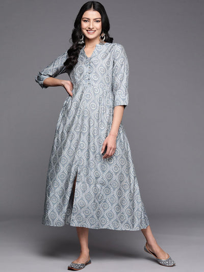 Grey Printed Silk Fit and Flare Dress - ShopLibas