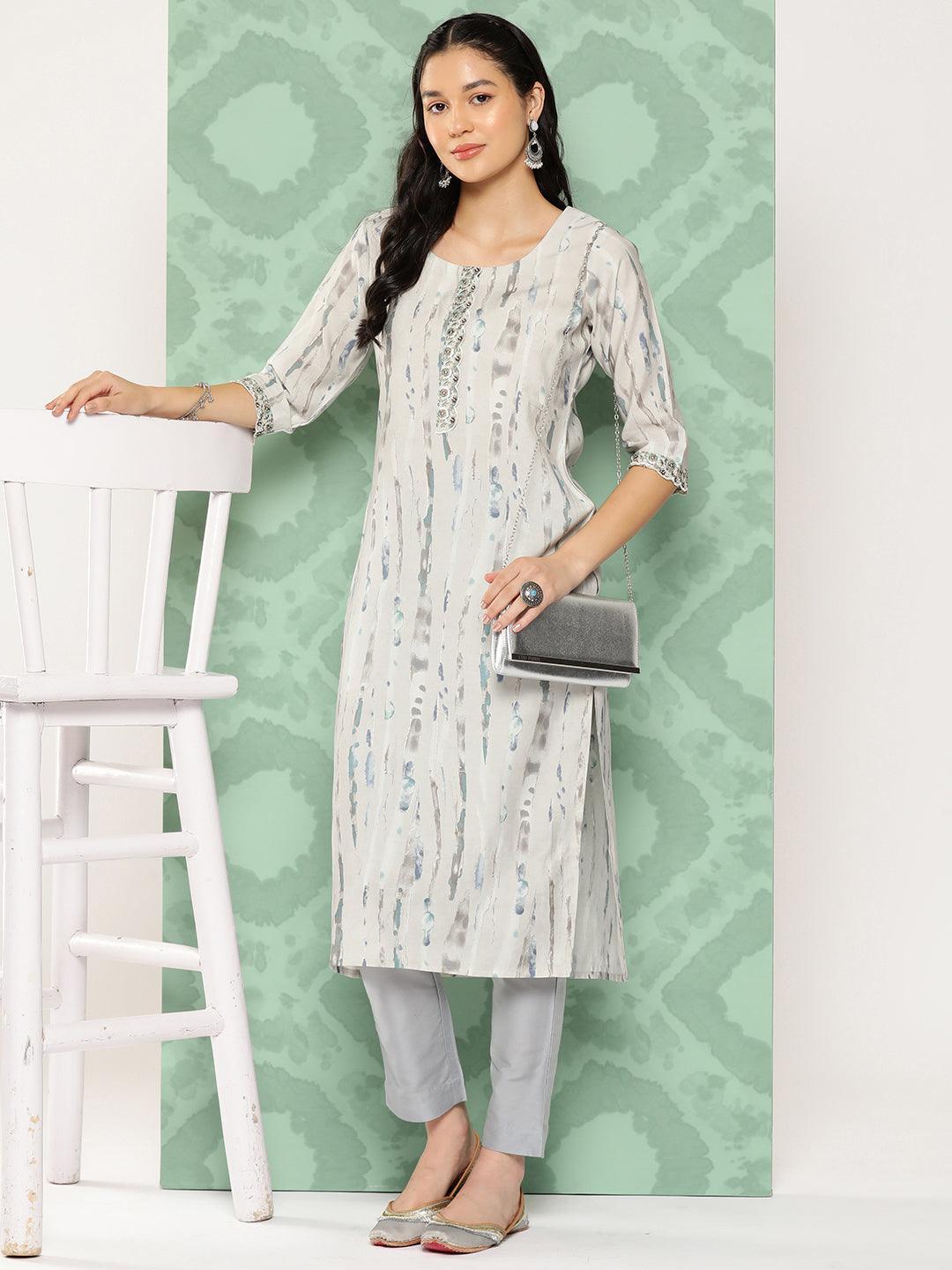 Grey Printed Silk Straight Kurta - Libas 