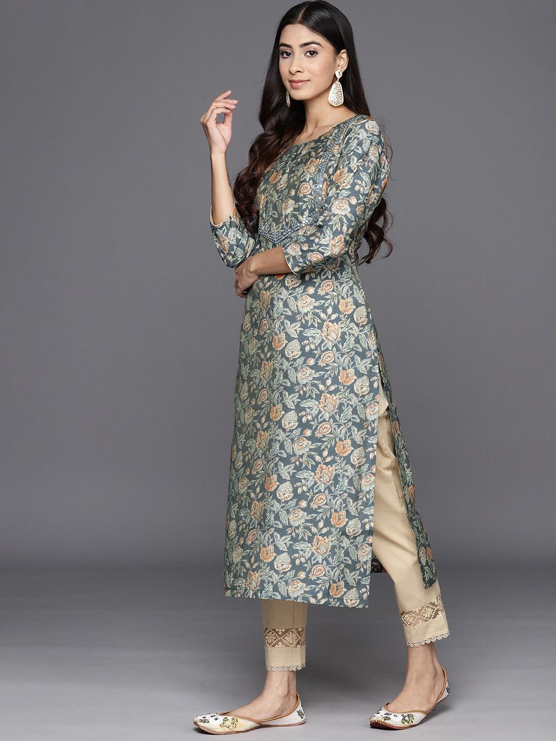 Grey Printed Silk Straight Kurta - Libas 