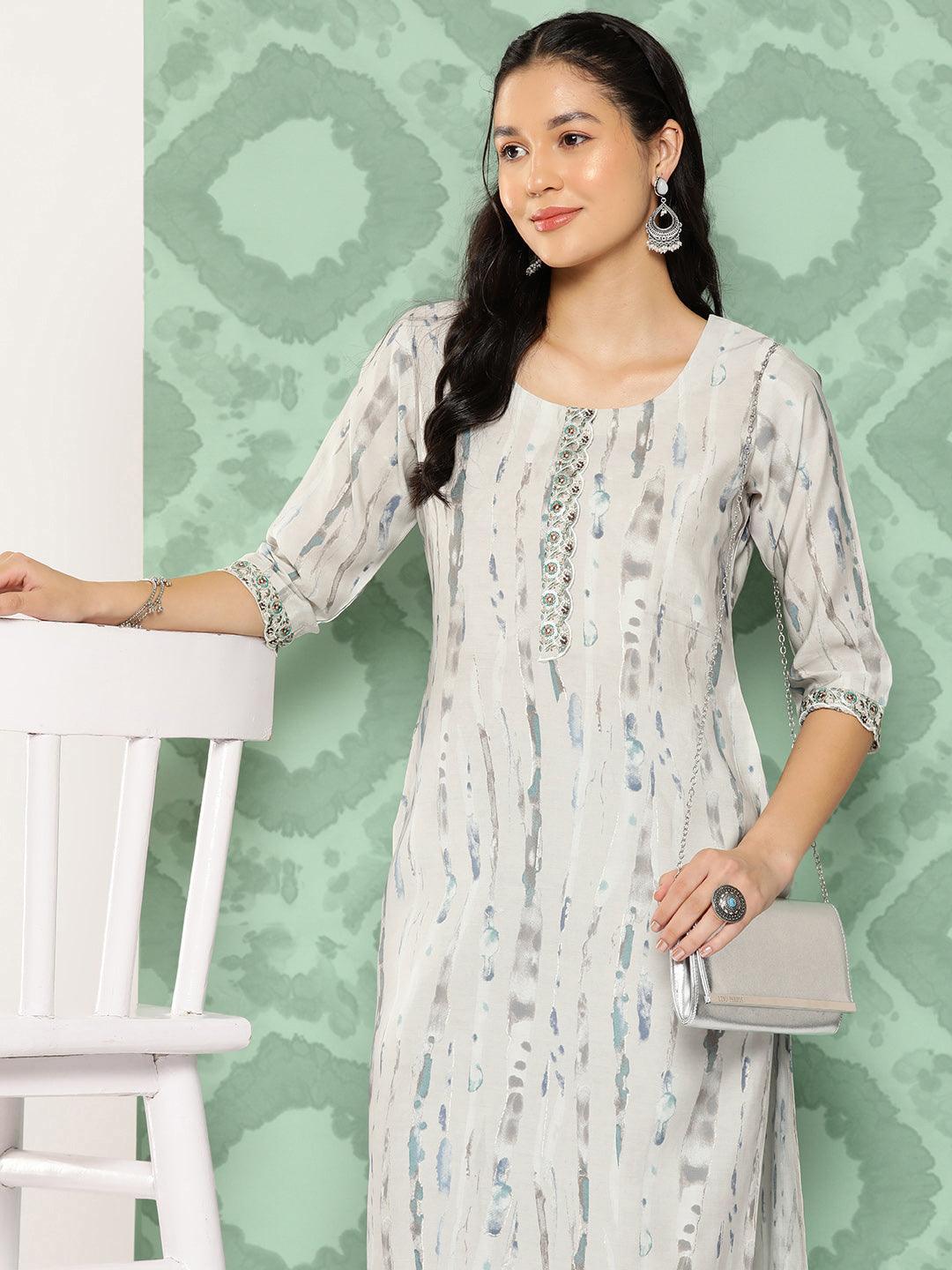 Grey Printed Silk Straight Kurta - Libas 