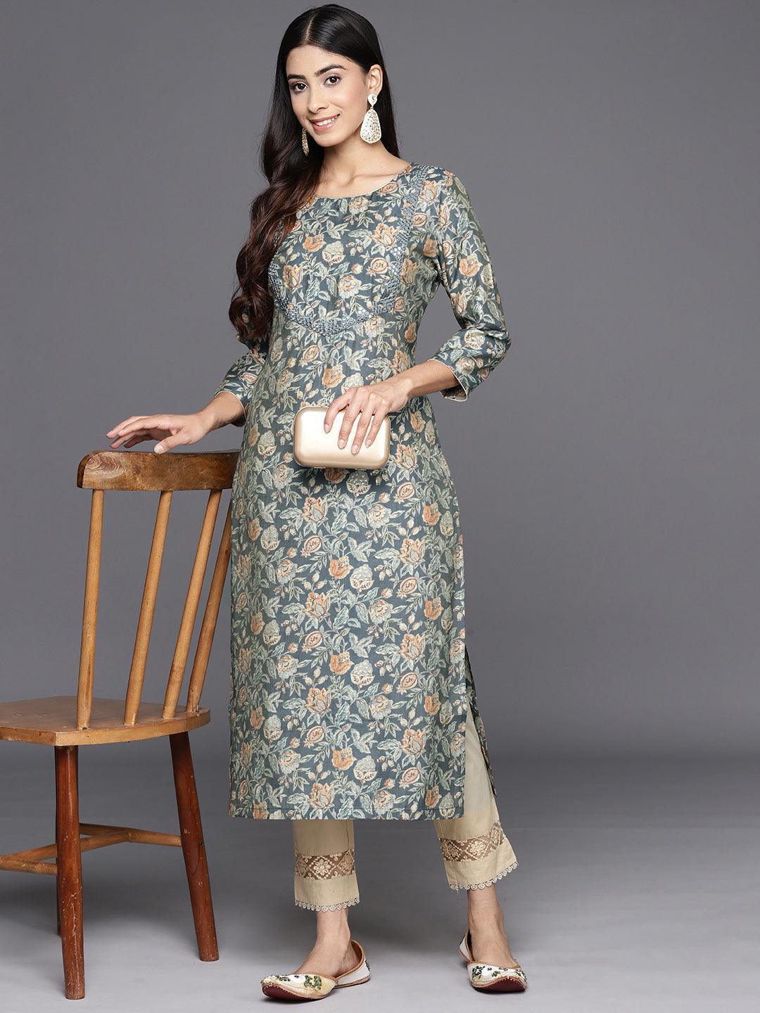 Grey Printed Silk Straight Kurta - Libas 