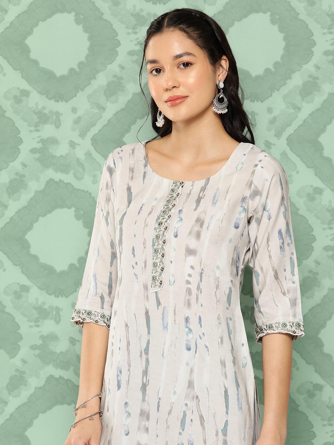 Grey Printed Silk Straight Kurta - Libas 