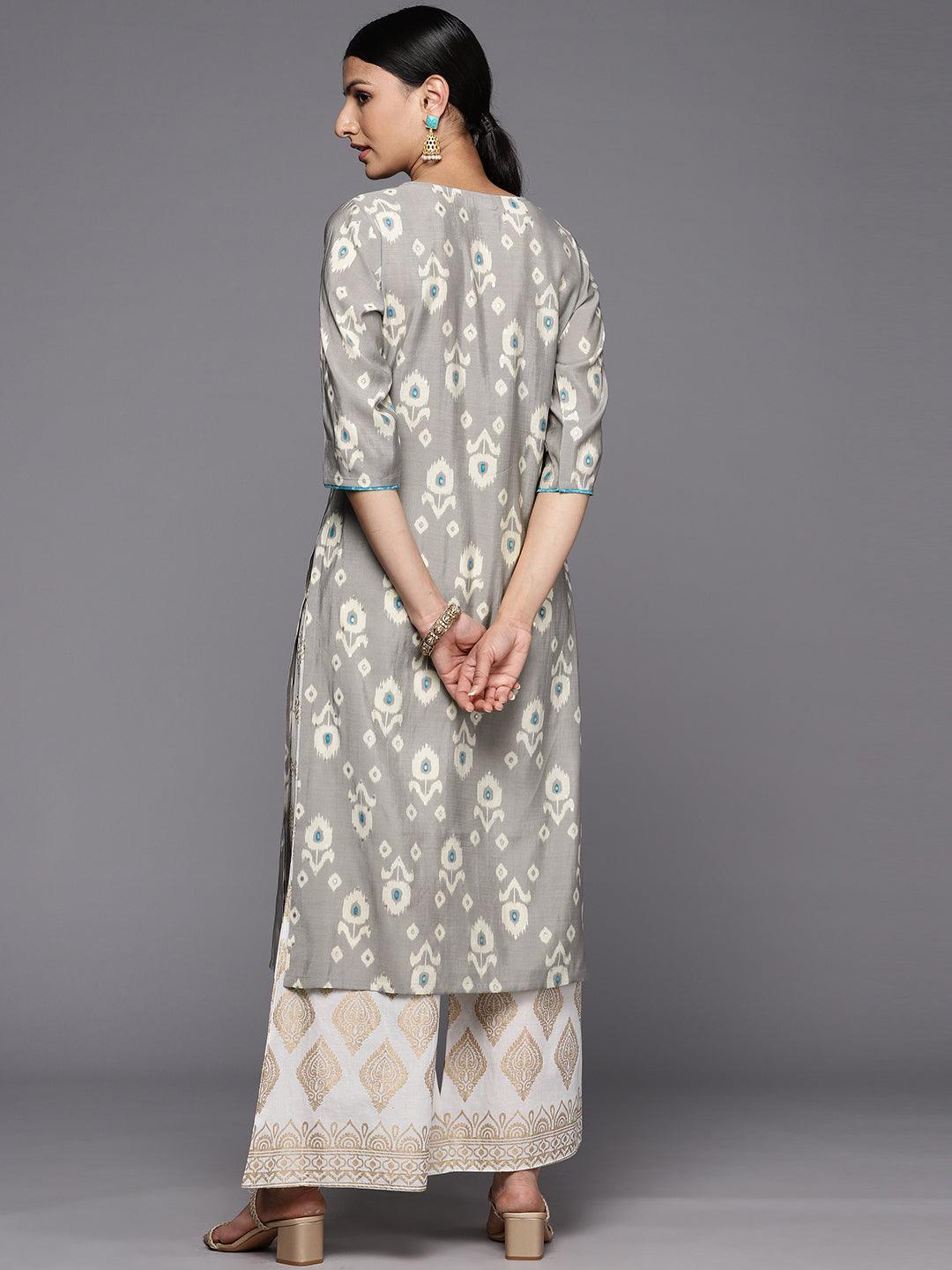 Grey Printed Silk Straight Kurta - ShopLibas 
