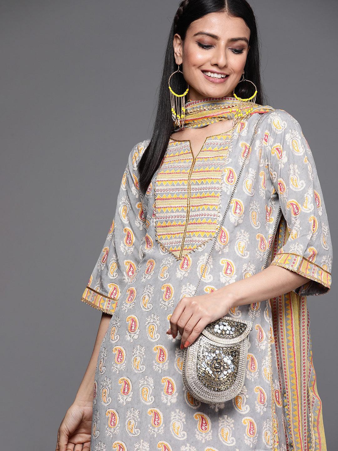 Grey Printed Silk Suit Set - ShopLibas