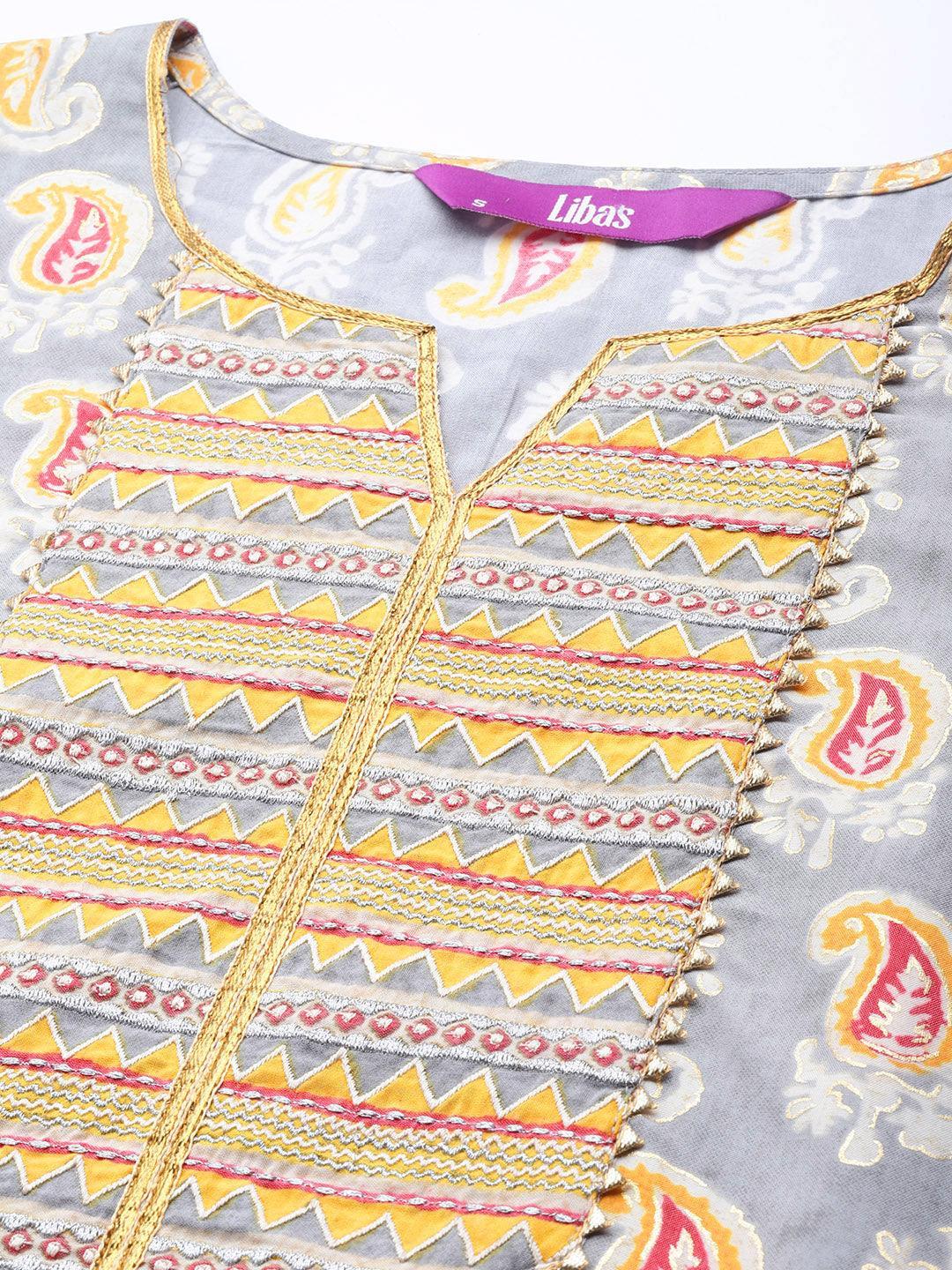 Grey Printed Silk Suit Set - ShopLibas