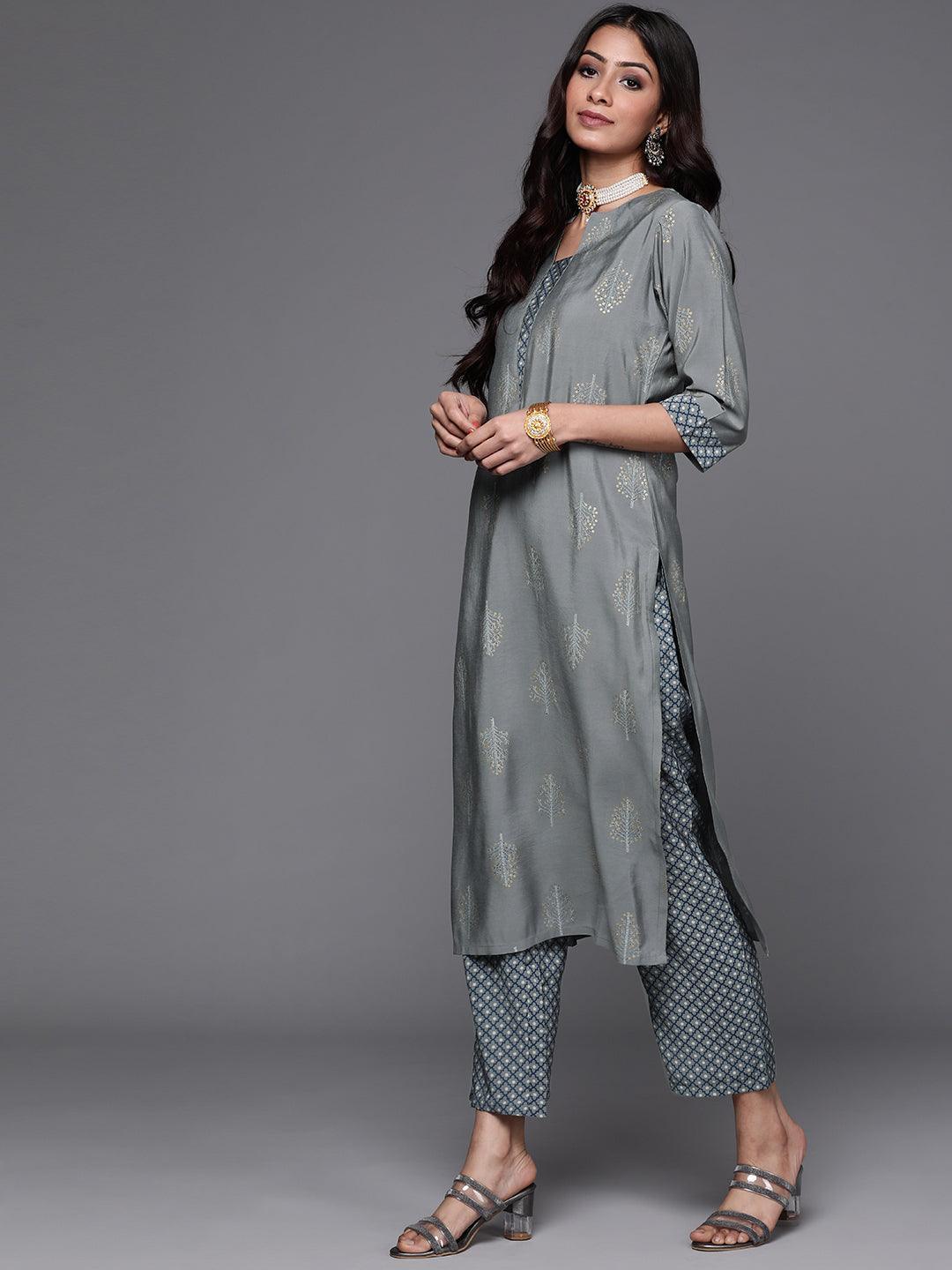Grey Printed Silk Suit Set - ShopLibas