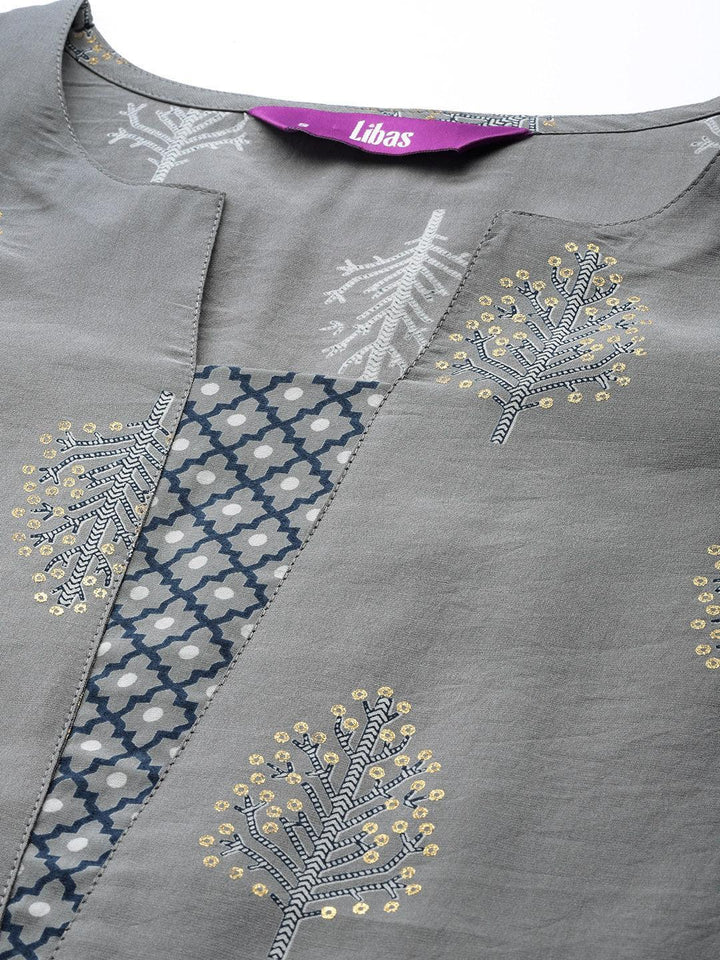 Grey Printed Silk Suit Set - ShopLibas