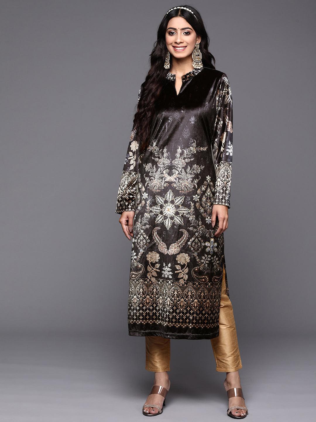 Grey Printed Velvet Straight Kurta - ShopLibas