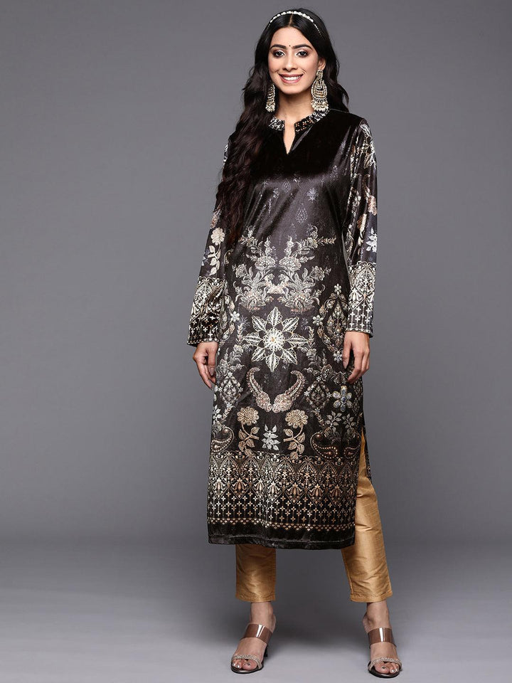 Grey Printed Velvet Straight Kurta - ShopLibas