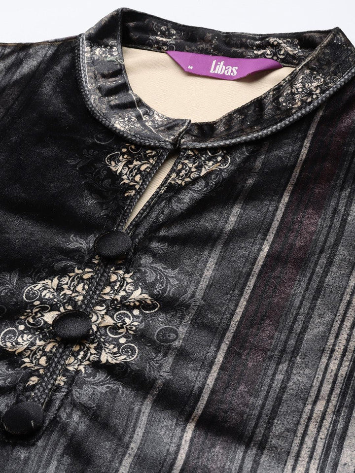 Grey Printed Velvet Straight Kurta - ShopLibas