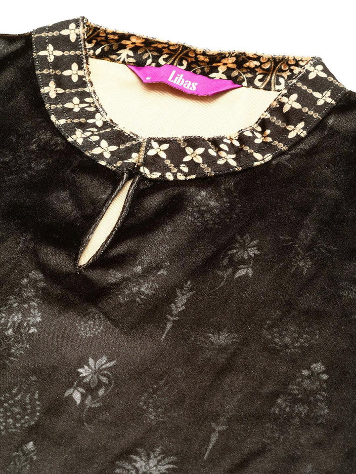 Grey Printed Velvet Straight Kurta - ShopLibas