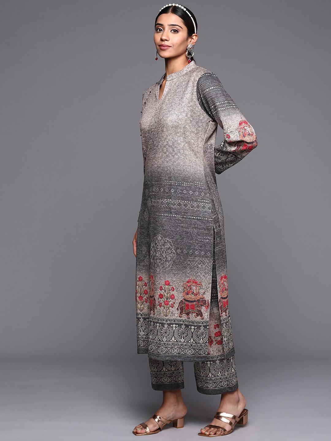 Grey Printed Wool Straight Suit Set - ShopLibas 