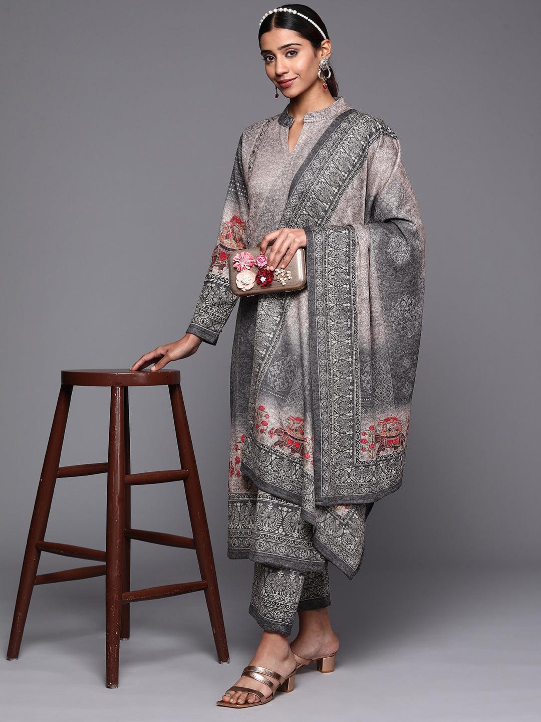 Grey Printed Wool Straight Suit Set - ShopLibas 