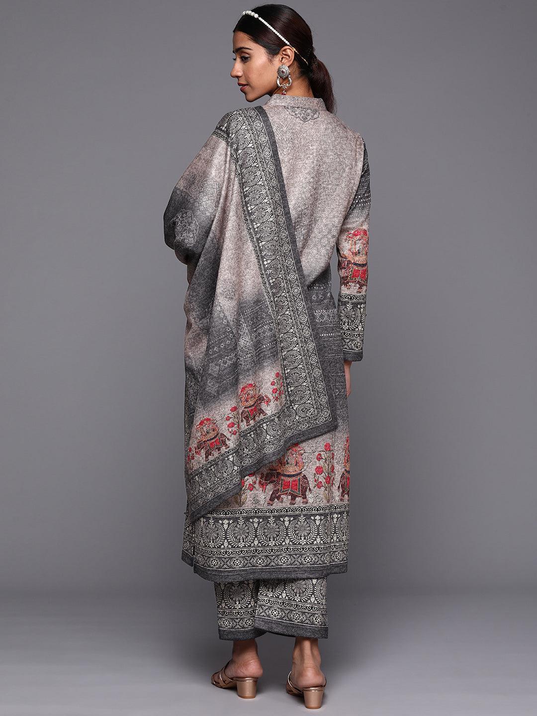Grey Printed Wool Straight Suit Set - ShopLibas 