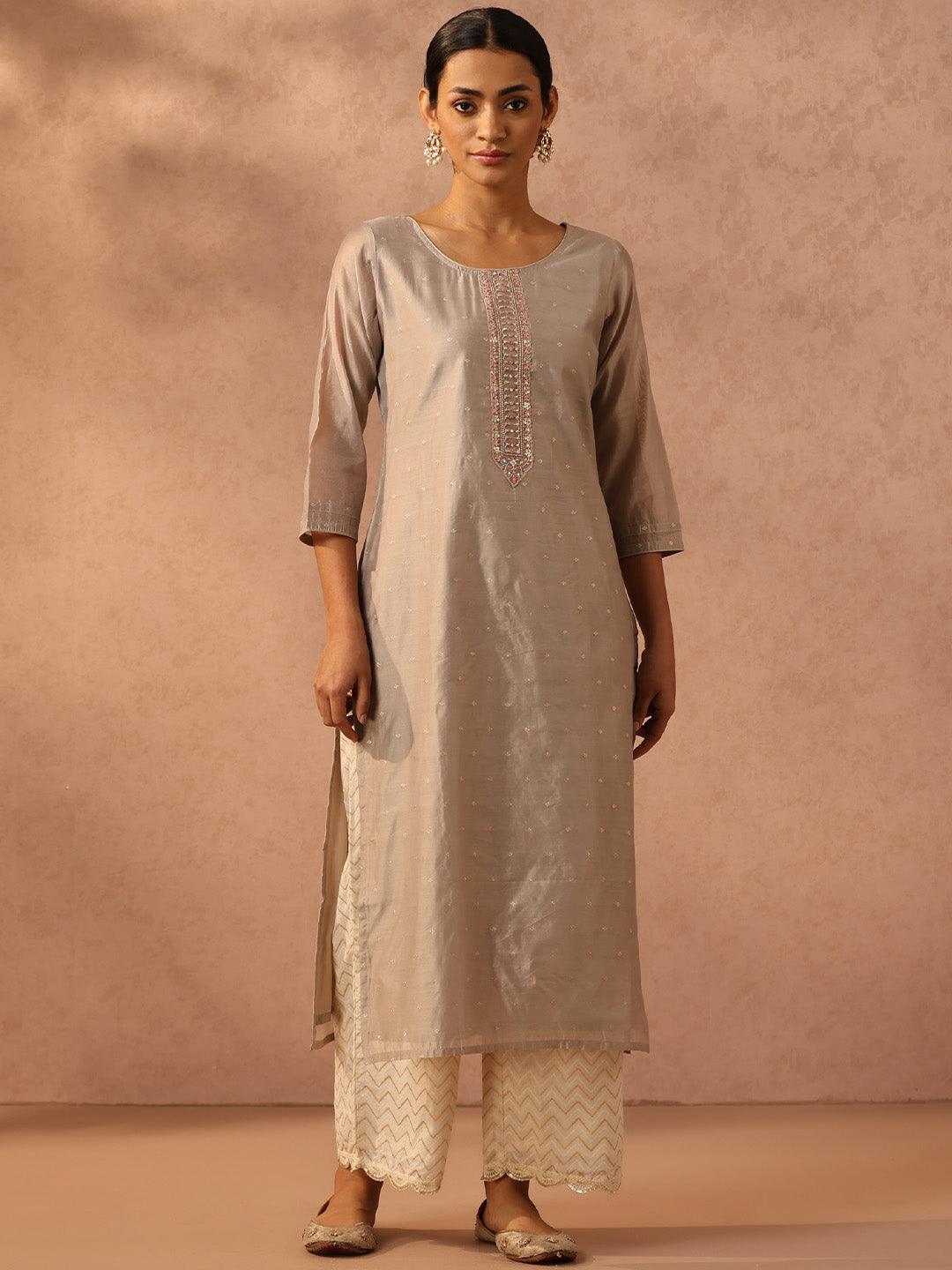 Grey Embroidered Chanderi Silk Straight Kurta - ShopLibas