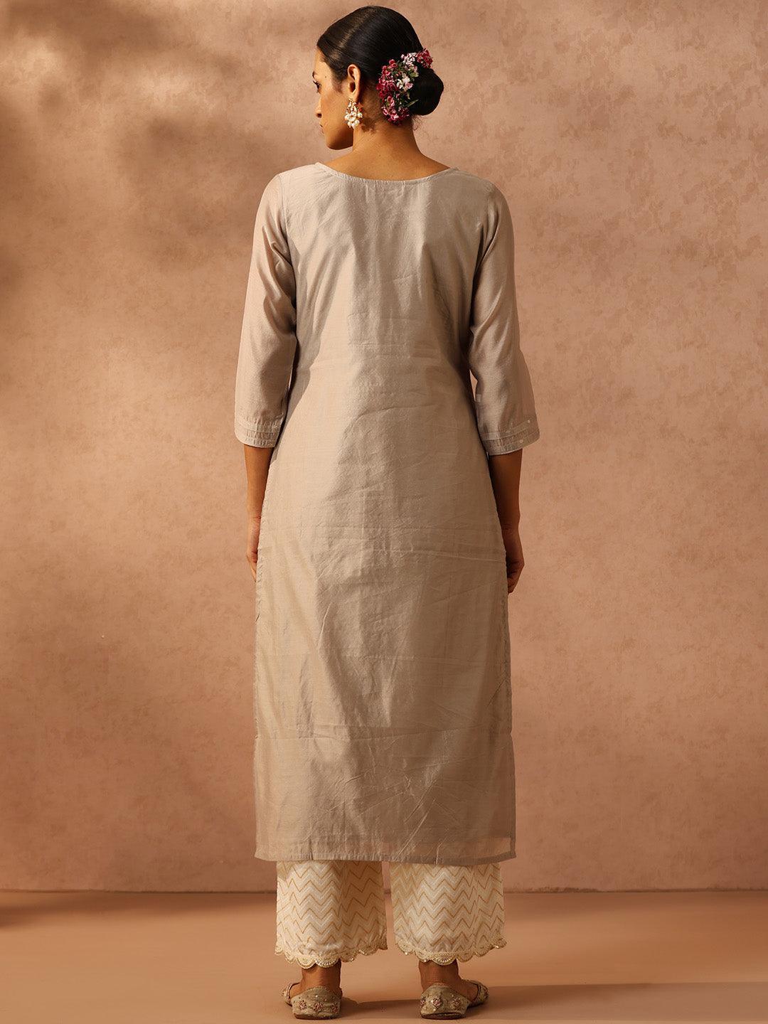 Grey Embroidered Chanderi Silk Straight Kurta - ShopLibas 