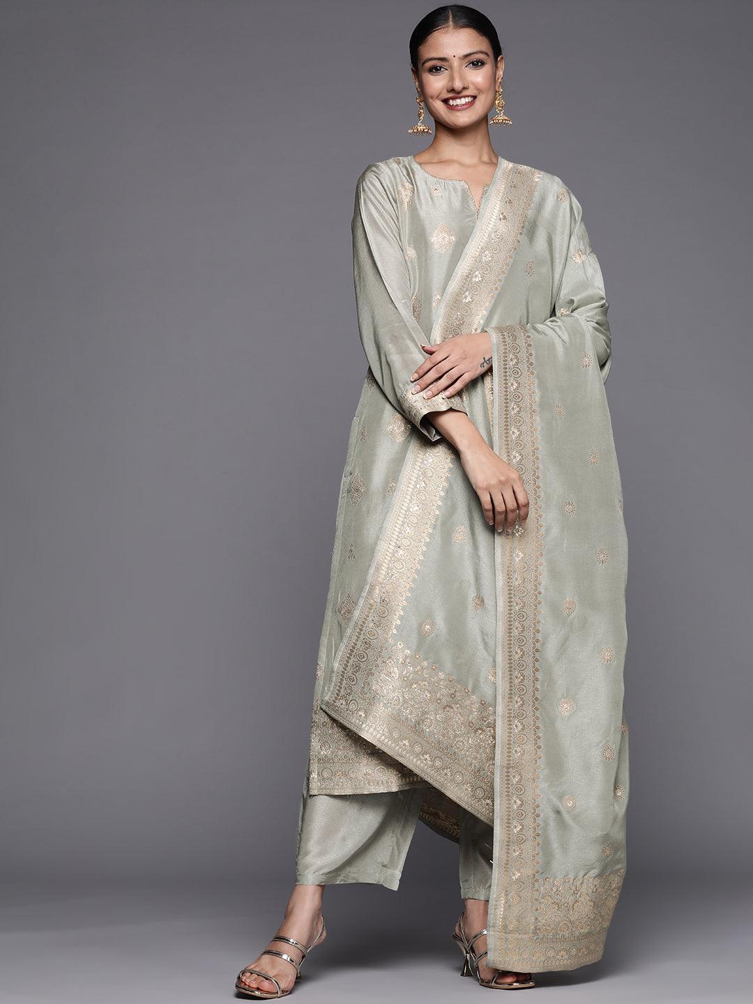 Grey Self Design Chanderi Silk Straight Suit Set - ShopLibas