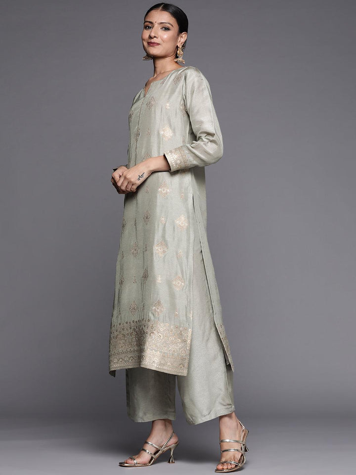 Grey Self Design Chanderi Silk Straight Suit Set - ShopLibas