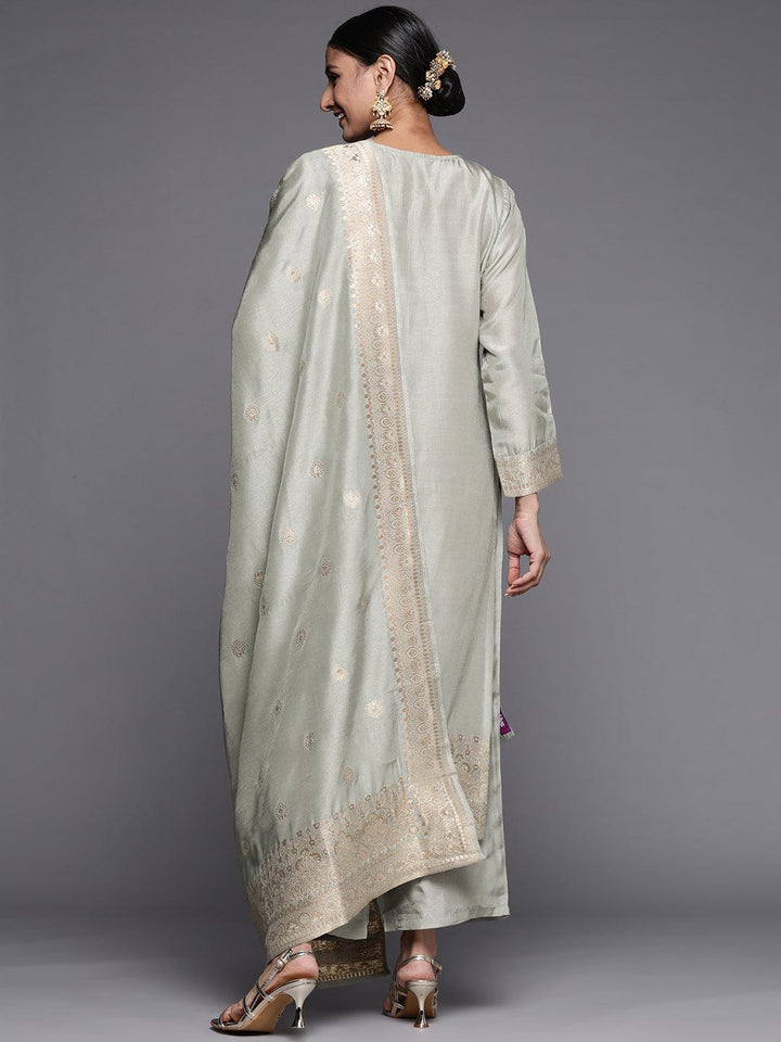 Grey Self Design Chanderi Silk Straight Suit Set - ShopLibas