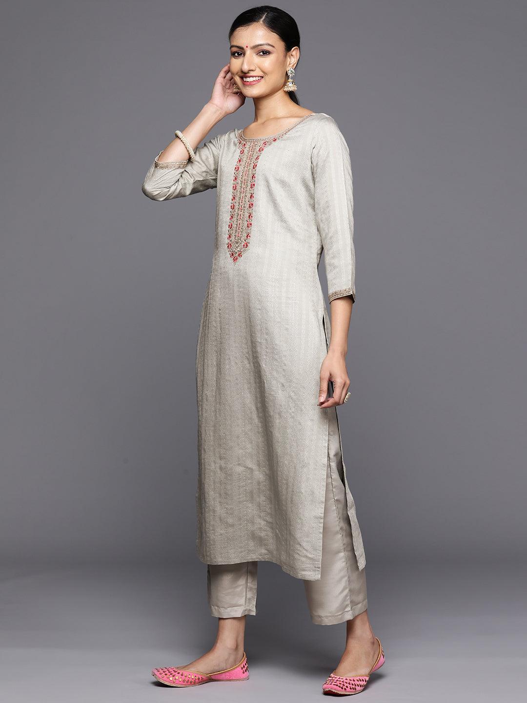 Grey Self Design Rayon Straight Kurta With Trousers & Dupatta - Libas 