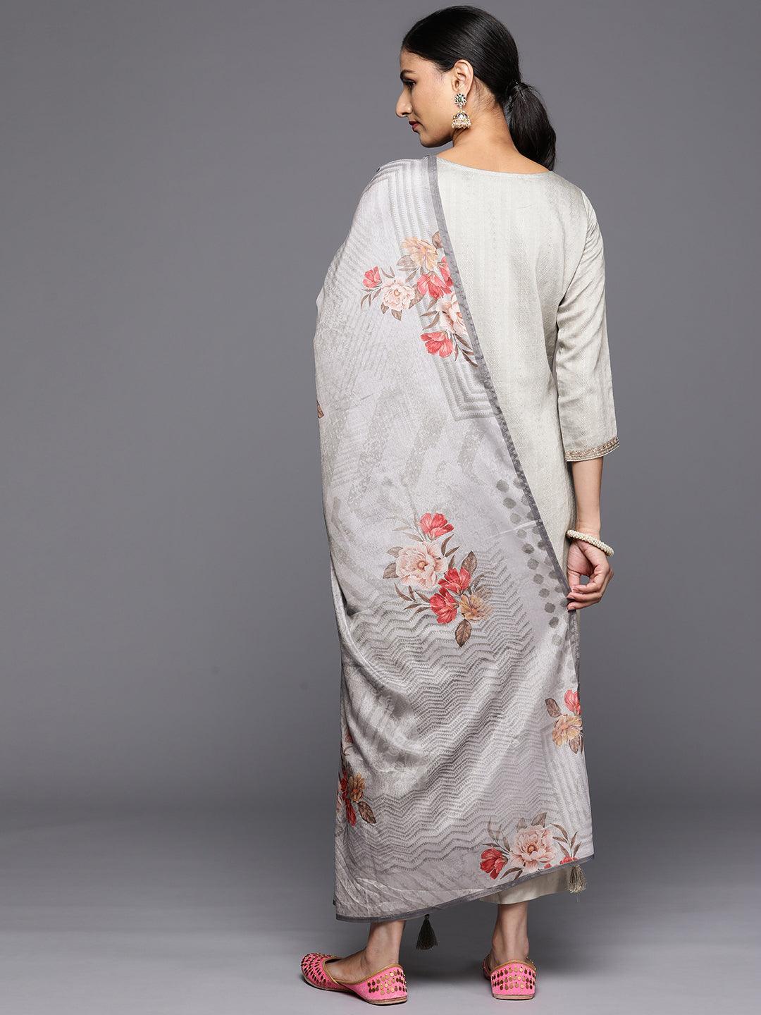 Grey Self Design Rayon Straight Kurta With Trousers & Dupatta - Libas 